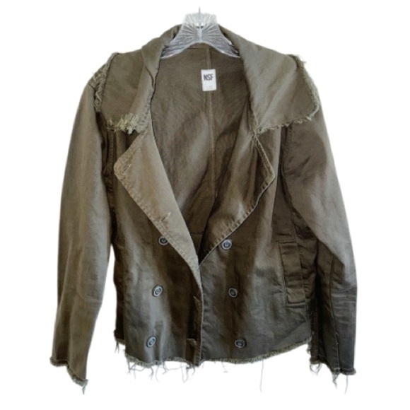 NSF Double Breasted Cotton Jacket Cotton Frayed Hem Sz Lg Olive Green Steampunk - Picture 10 of 10